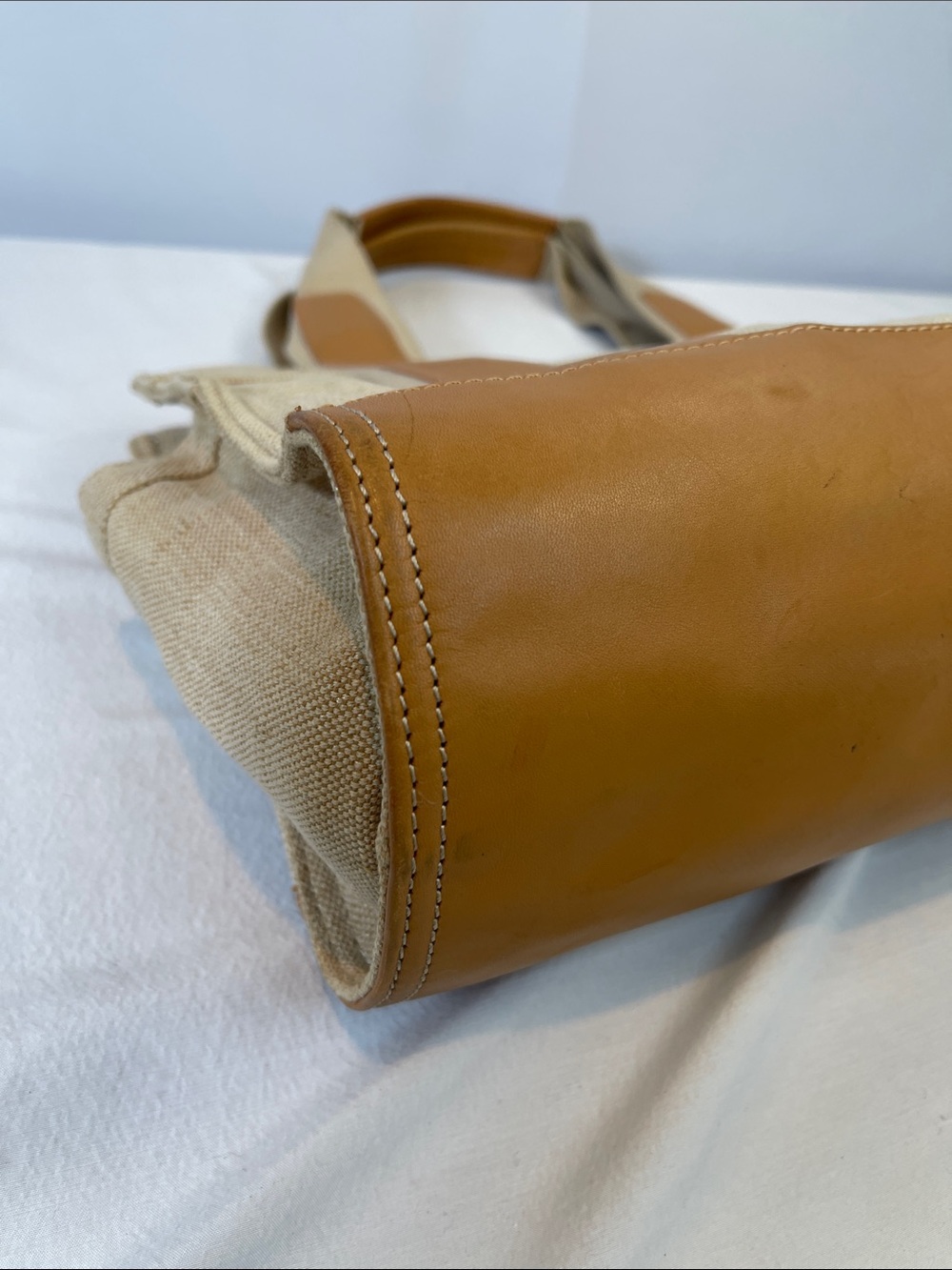 Tory Burch Ella Canvas Tote Beige Natural Canvas Leather Trim Small Tote Bag - Picture 11 of 15
